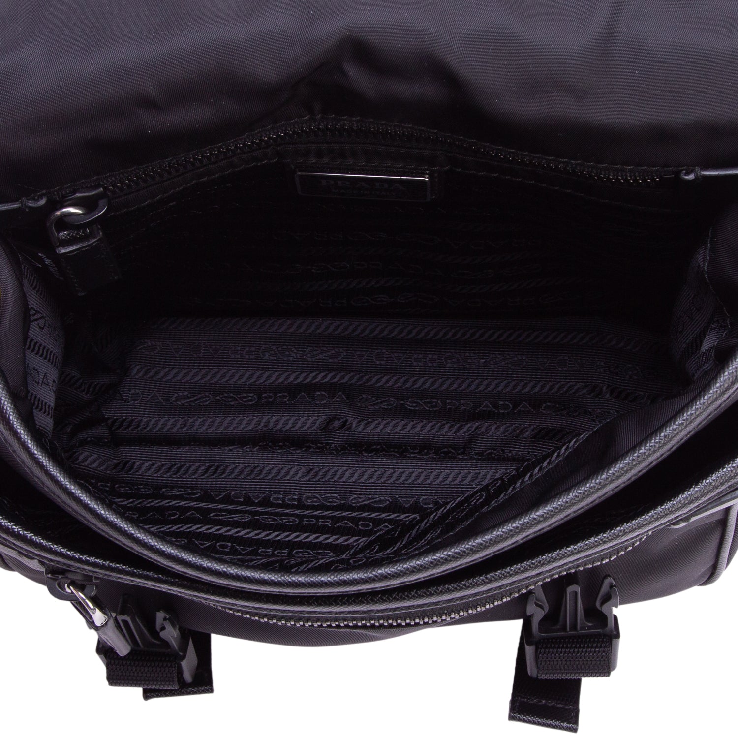 Prada Black Re-Nylon Vela Saffiano Pocket Double Buckle Messenger Bag
