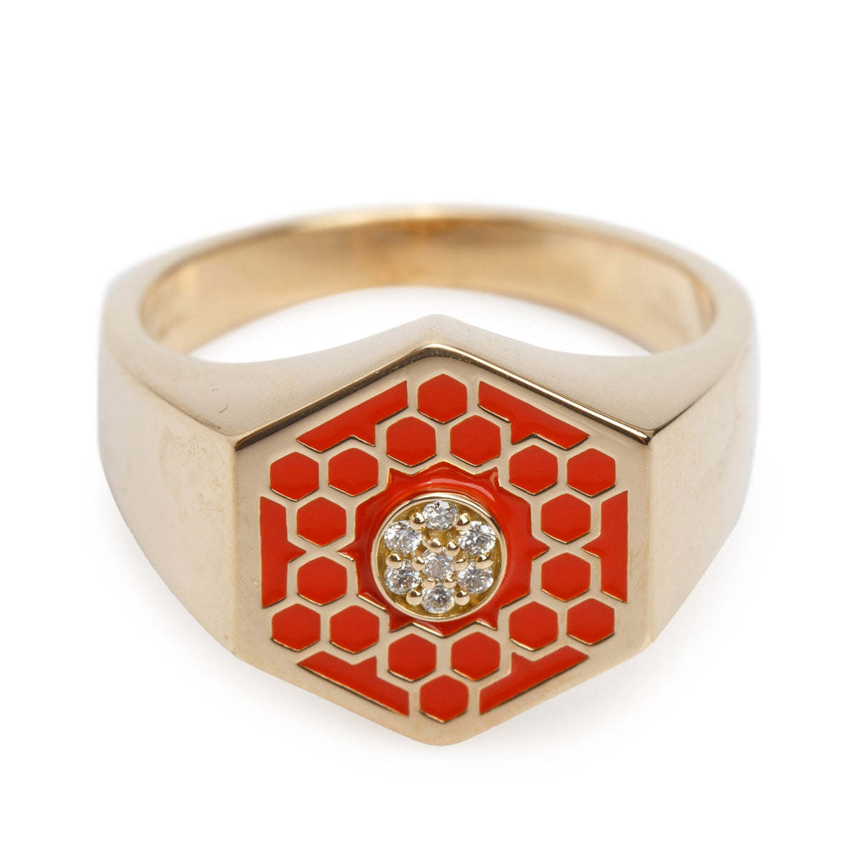 Birks 18k Yellow Gold Red Enamel & Diamond Bee Chic Hexagon Signet Ring, Size 7