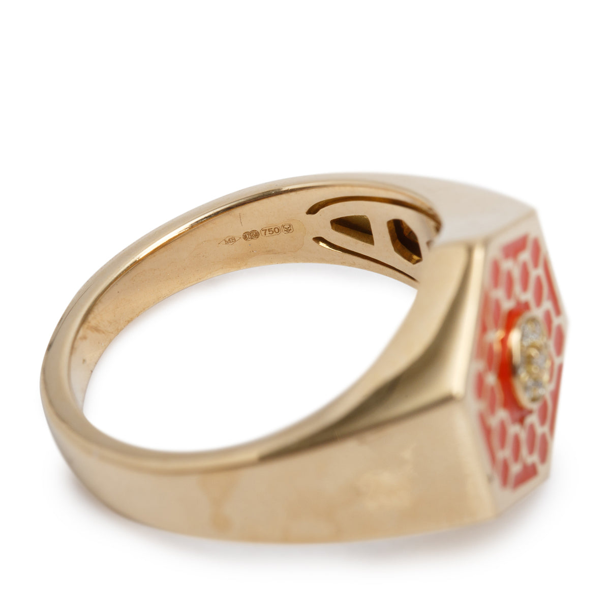 Birks 18k Yellow Gold Red Enamel & Diamond Bee Chic Hexagon Signet Ring, Size 7