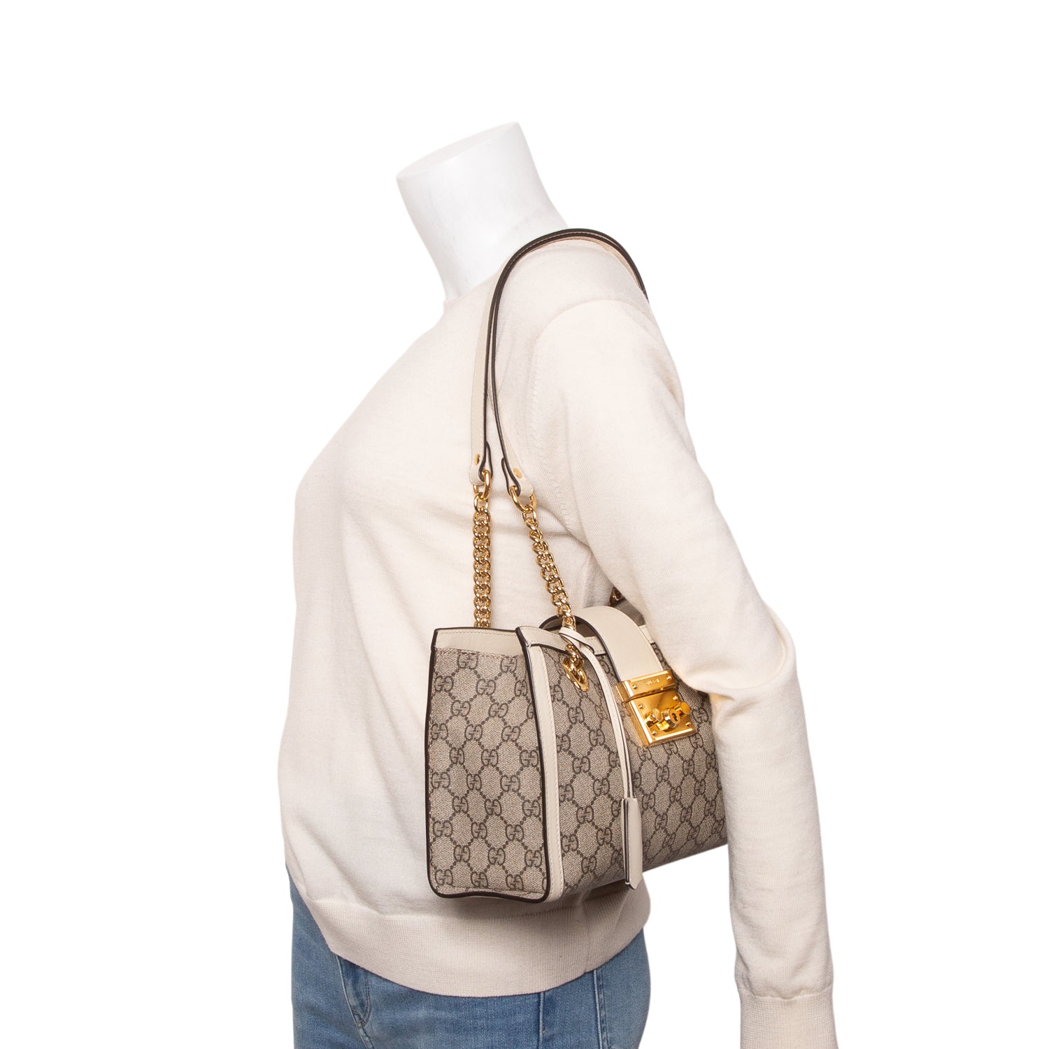 Gucci GG Supreme Monogram Moon Calfskin Small Padlock Tote w/ Box