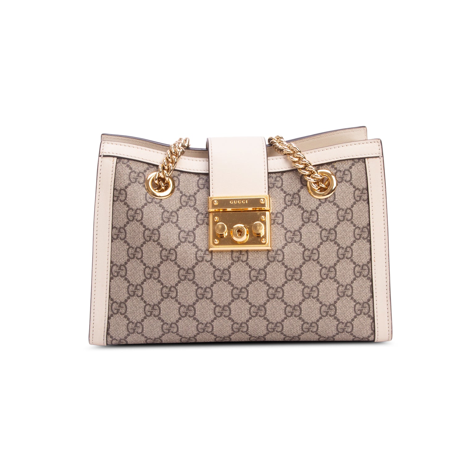 Gucci GG Supreme Monogram Moon Calfskin Small Padlock Tote w/ Box