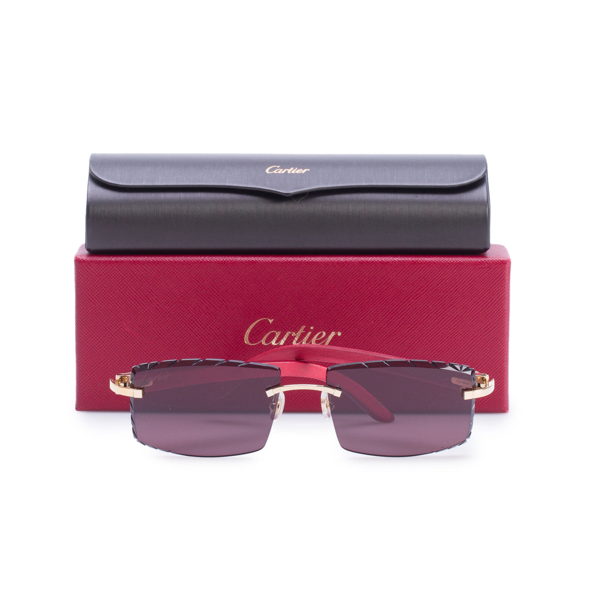Cartier Red Wood Rimless Diamond Cut Cartier Decor C Sunglasses w/ Box & Case
