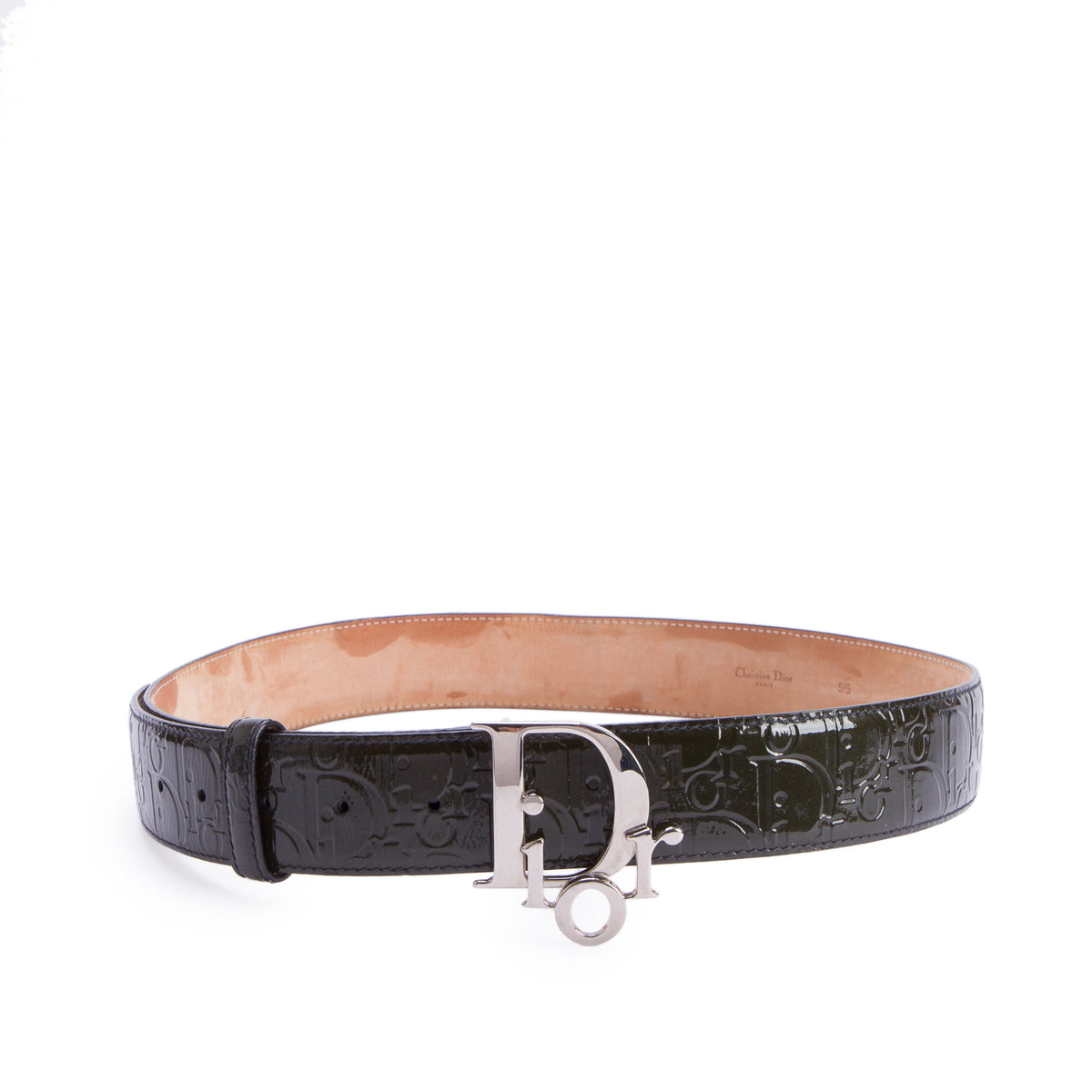 Christian Dior Olive Green Patent Leather Diorissimo 40 MM Logo Buckle Belt, 95 w/ Box