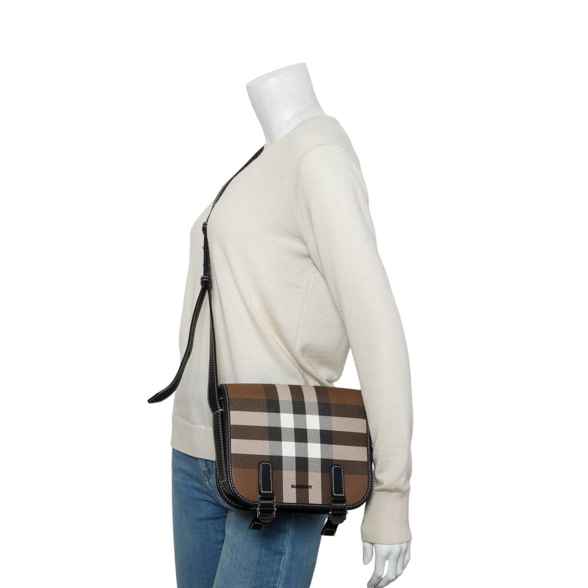 Burberry Brown Check Calfskin E-Canvas Rider Shoulder Bag