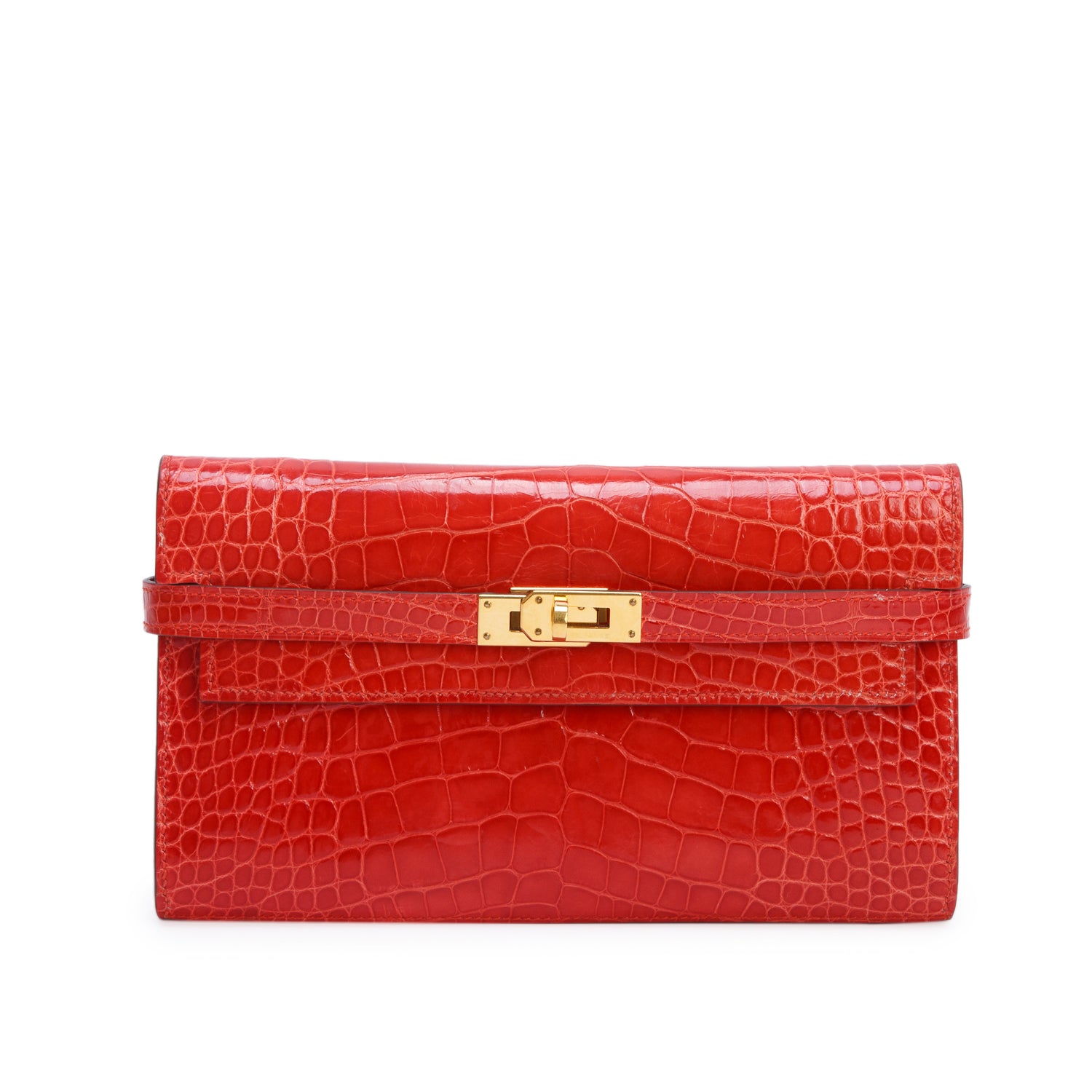 Hermes Geranium Shiny Alligator Classic Kelly Longue Wallet