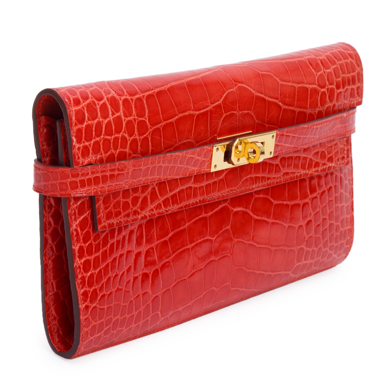 Hermes Geranium Shiny Alligator Classic Kelly Longue Wallet