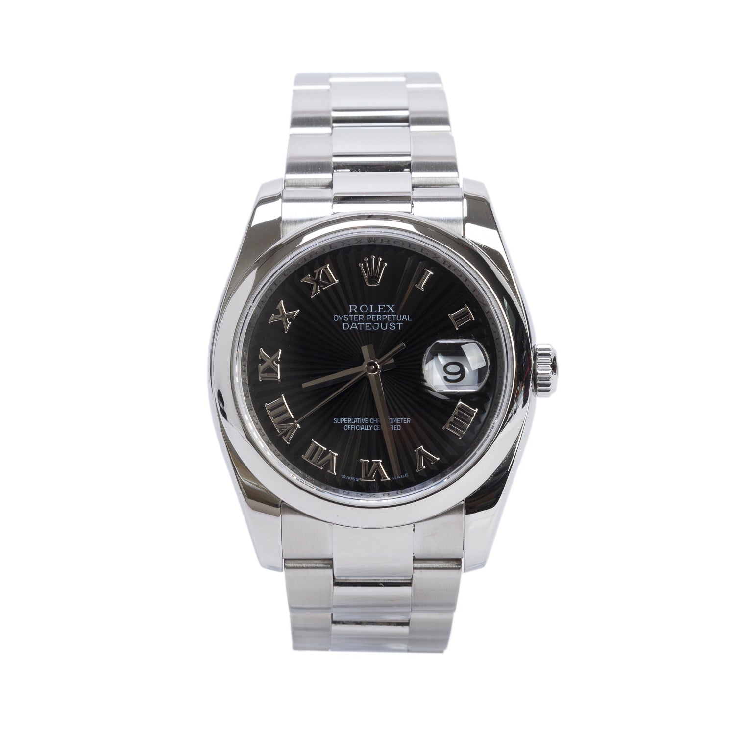 Rolex Stainless Steel Datejust 36 MM Automatic Watch Black Sunray Roman Numeral Dial 116200 w/ Papers