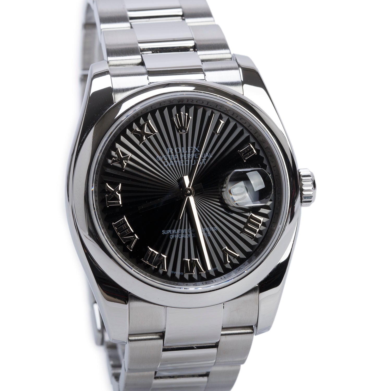 Rolex Stainless Steel Datejust 36 MM Automatic Watch Black Sunray Roman Numeral Dial 116200 w/ Papers