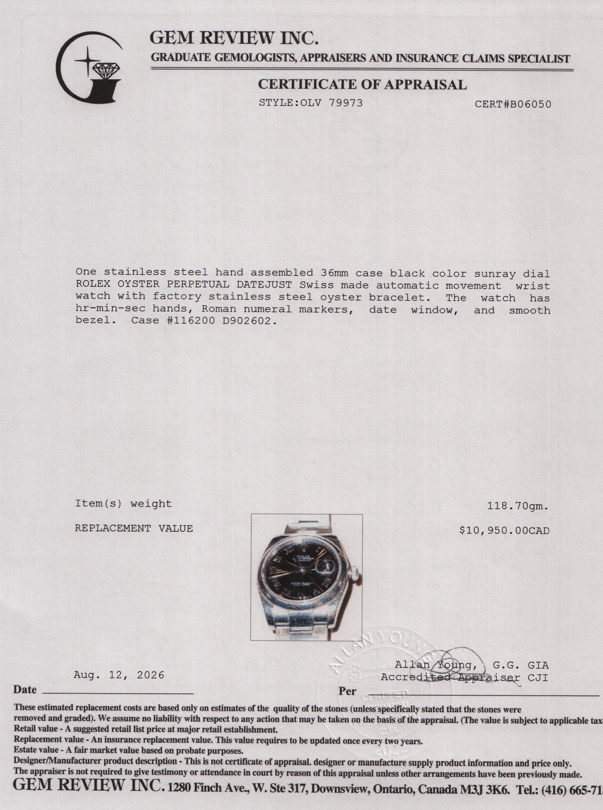 Rolex Stainless Steel Datejust 36 MM Automatic Watch Black Sunray Roman Numeral Dial 116200 w/ Papers