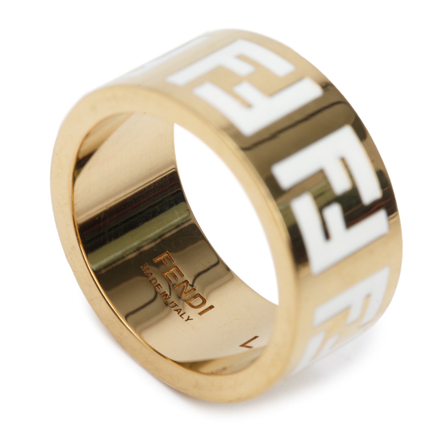 Fendi Gold-Plated White Enamel Foerever Band Ring, Size L 8 w/ Box