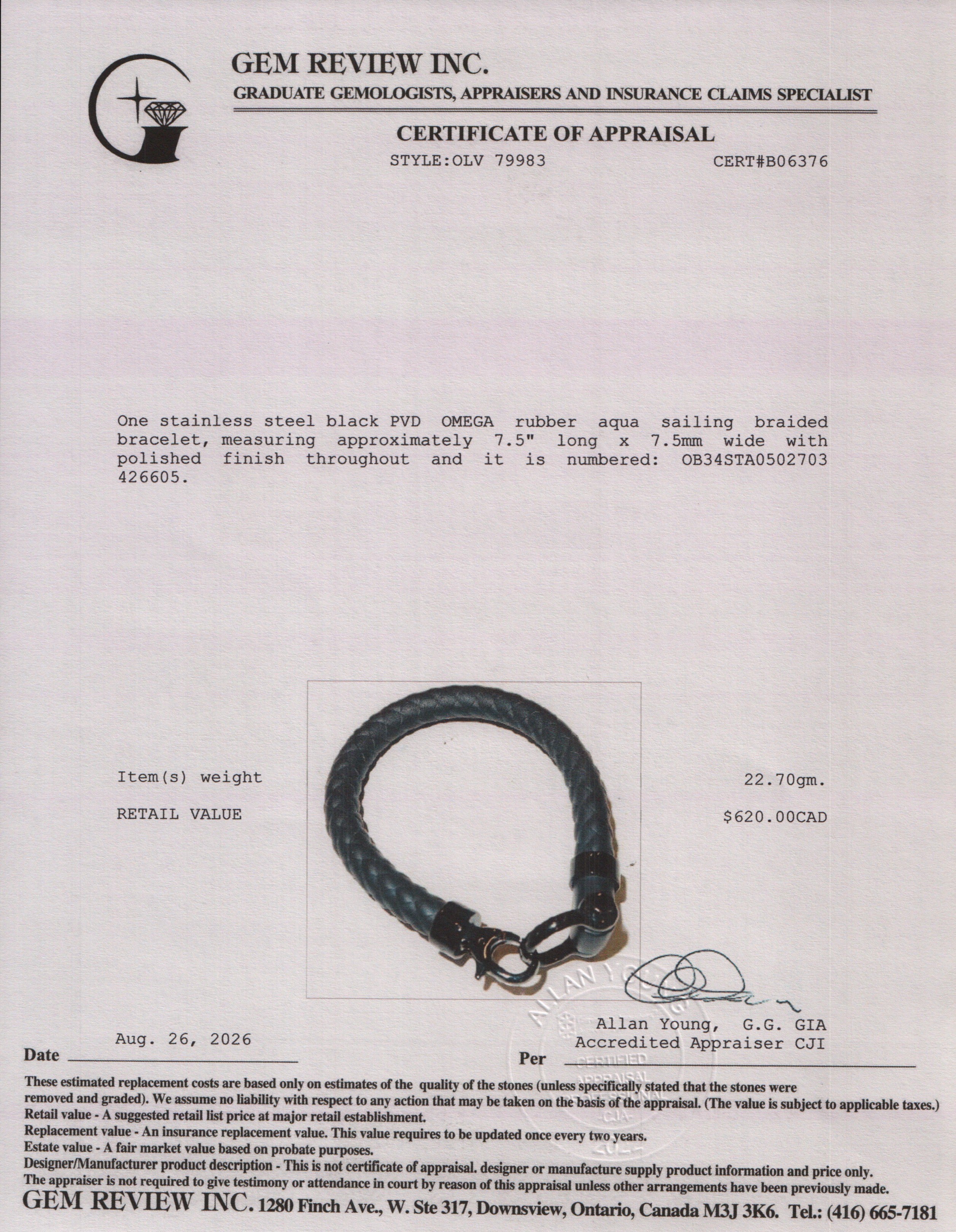 Omega 2024 Black PVD Stainless Steel Rubber Aqua Sailing Braided Bracelet w Certificate