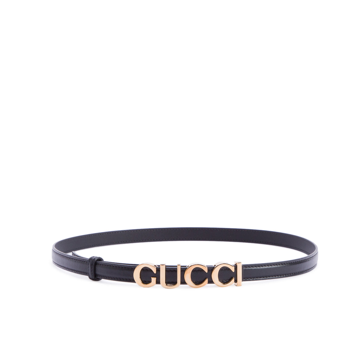 Gucci Black Leather Logo Lettering Buckle Thin Belt, 80 32