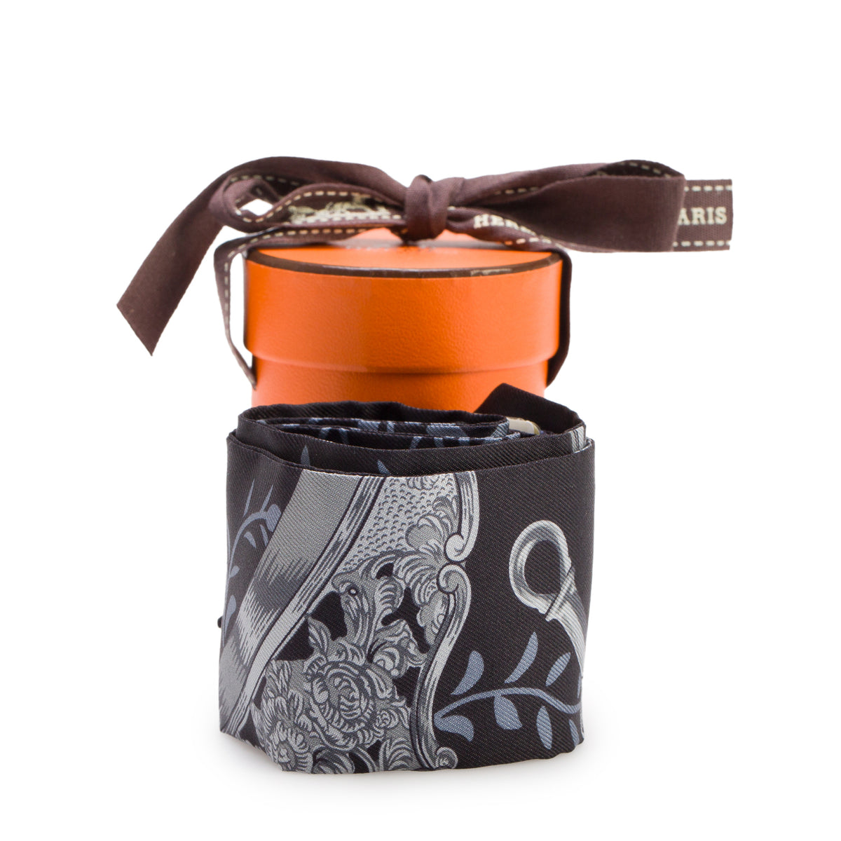Hermes Noir/Argent 'Etriers Remix' Silk Twilly w/ Box