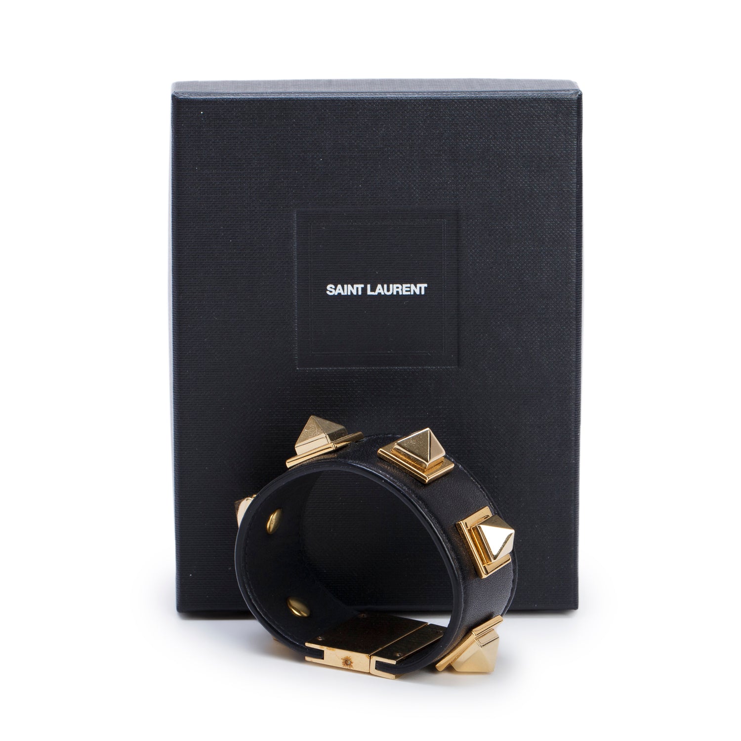 Saint Laurent Gold-Plated Metal Black Leather Studded Le Carre Bracelet w/ Box