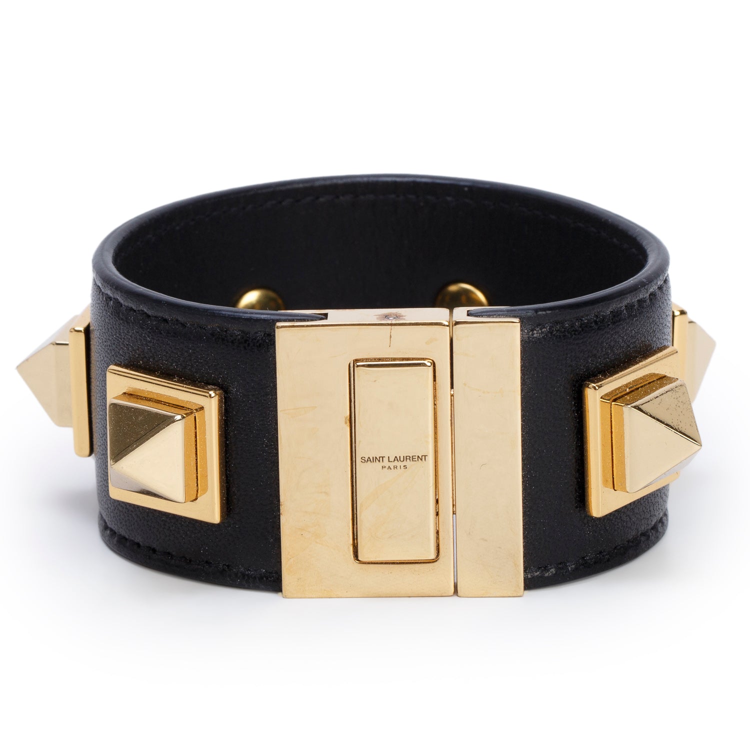 Saint Laurent Gold-Plated Metal Black Leather Studded Le Carre Bracelet w/ Box