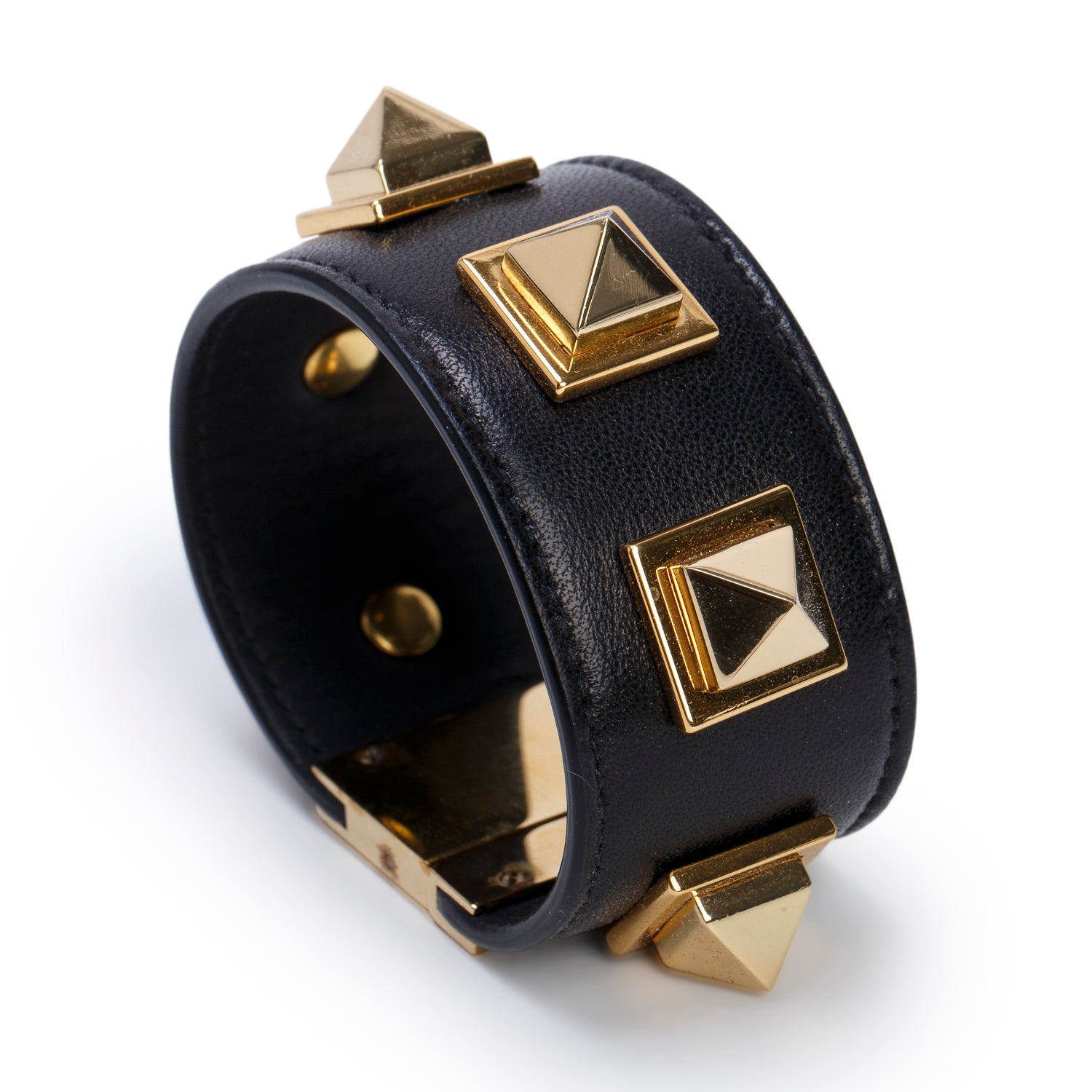 Saint Laurent Gold-Plated Metal Black Leather Studded Le Carre Bracelet w/ Box