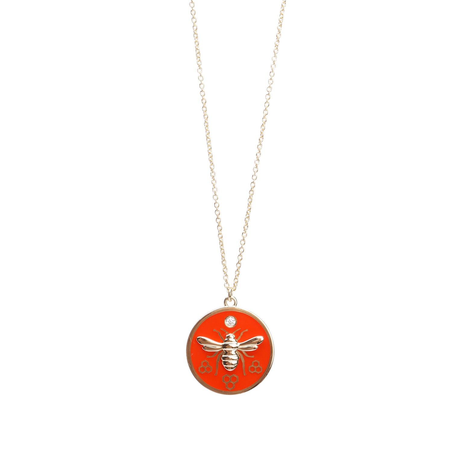Birks 18k Yellow Gold Orange Enamel Diamond Bee Chic Round Pendant Necklace