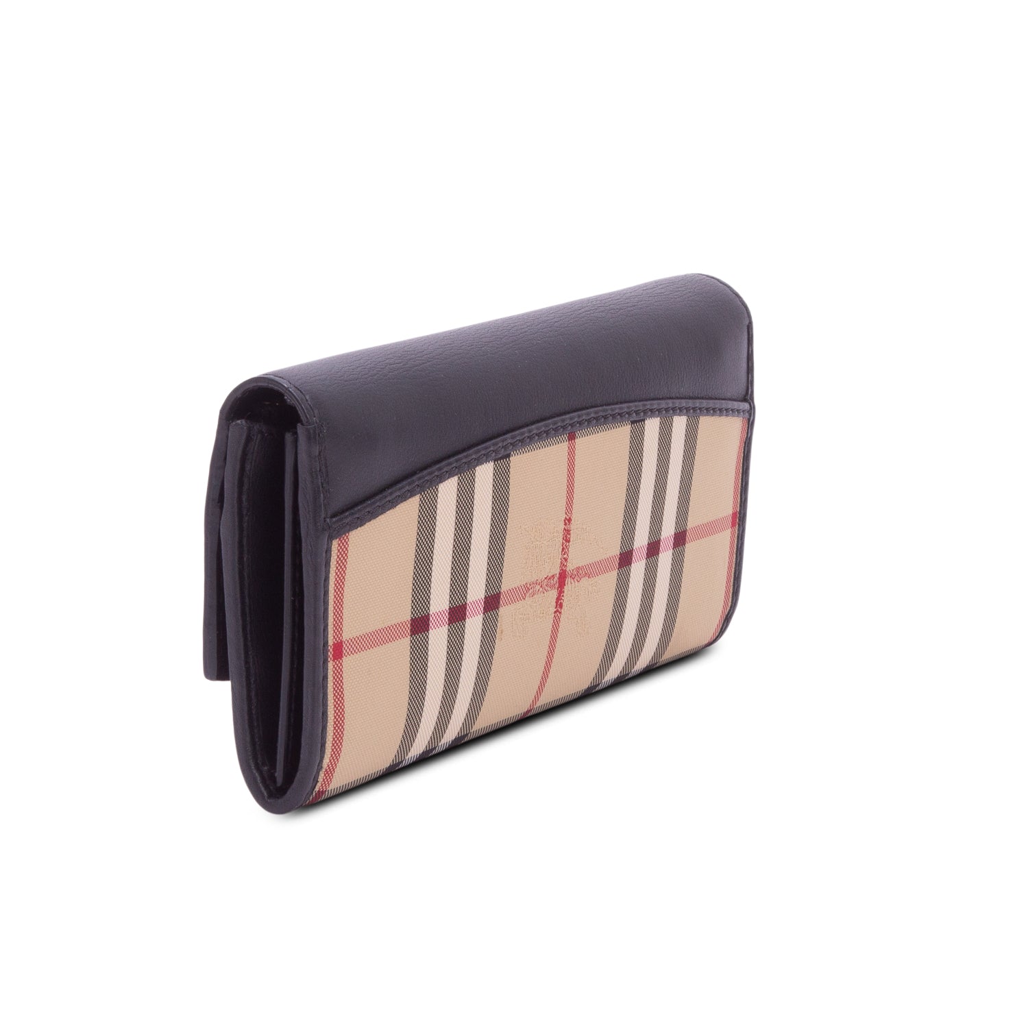 Burberry Check Canvas Black Leather Trim Porter Continental Flap Wallet