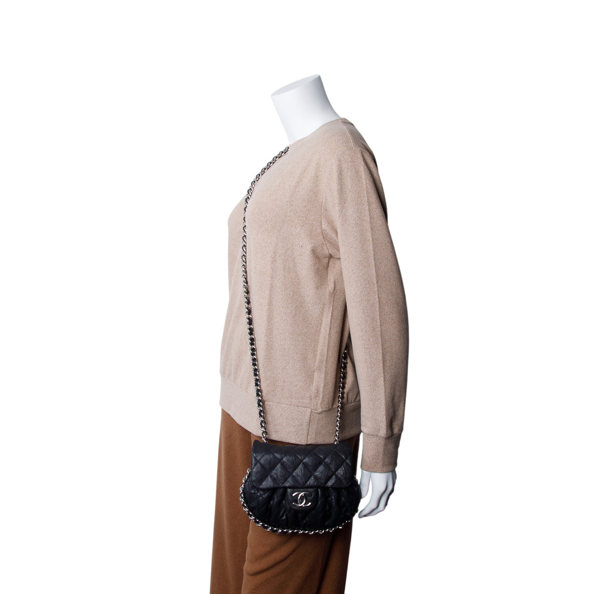 Chanel Black Washed Lambskin Quilted Mini Chain Around Flap