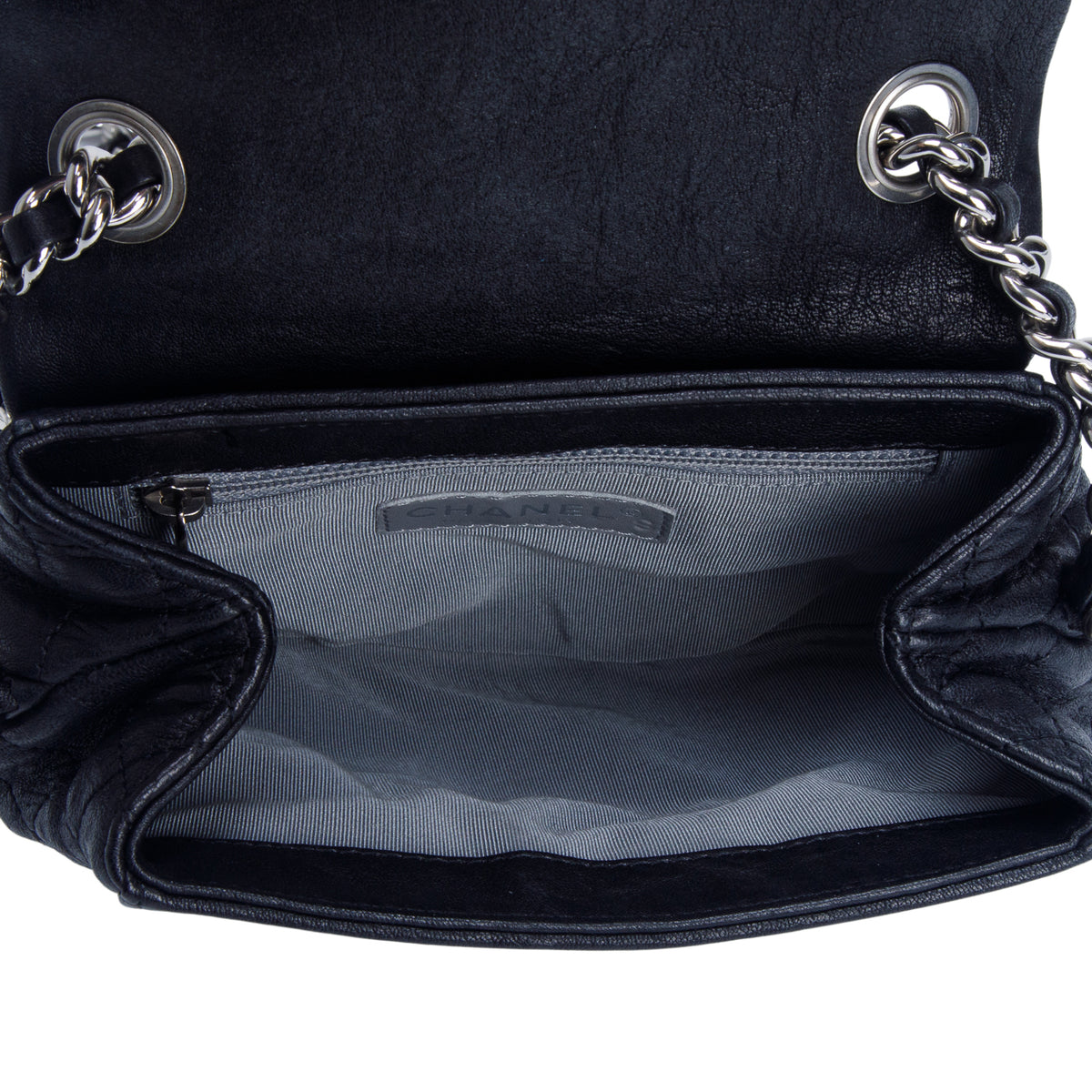 Chanel Black Washed Lambskin Quilted Mini Chain Around Flap