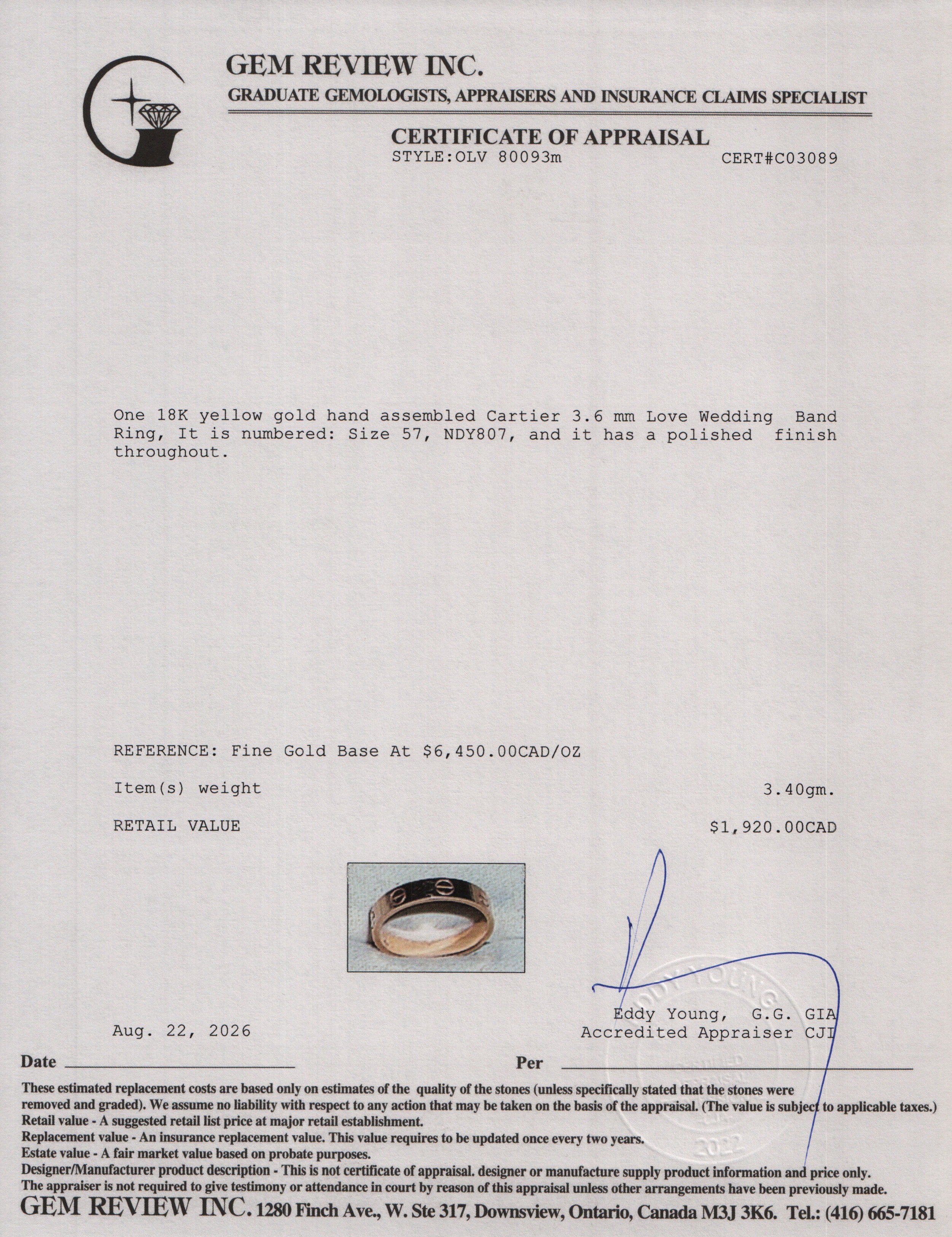 Cartier 2021 18k Yellow Gold 3.6 mm Love Wedding Band Ring, Small Model Size 57 8 w/ Box & Certificate