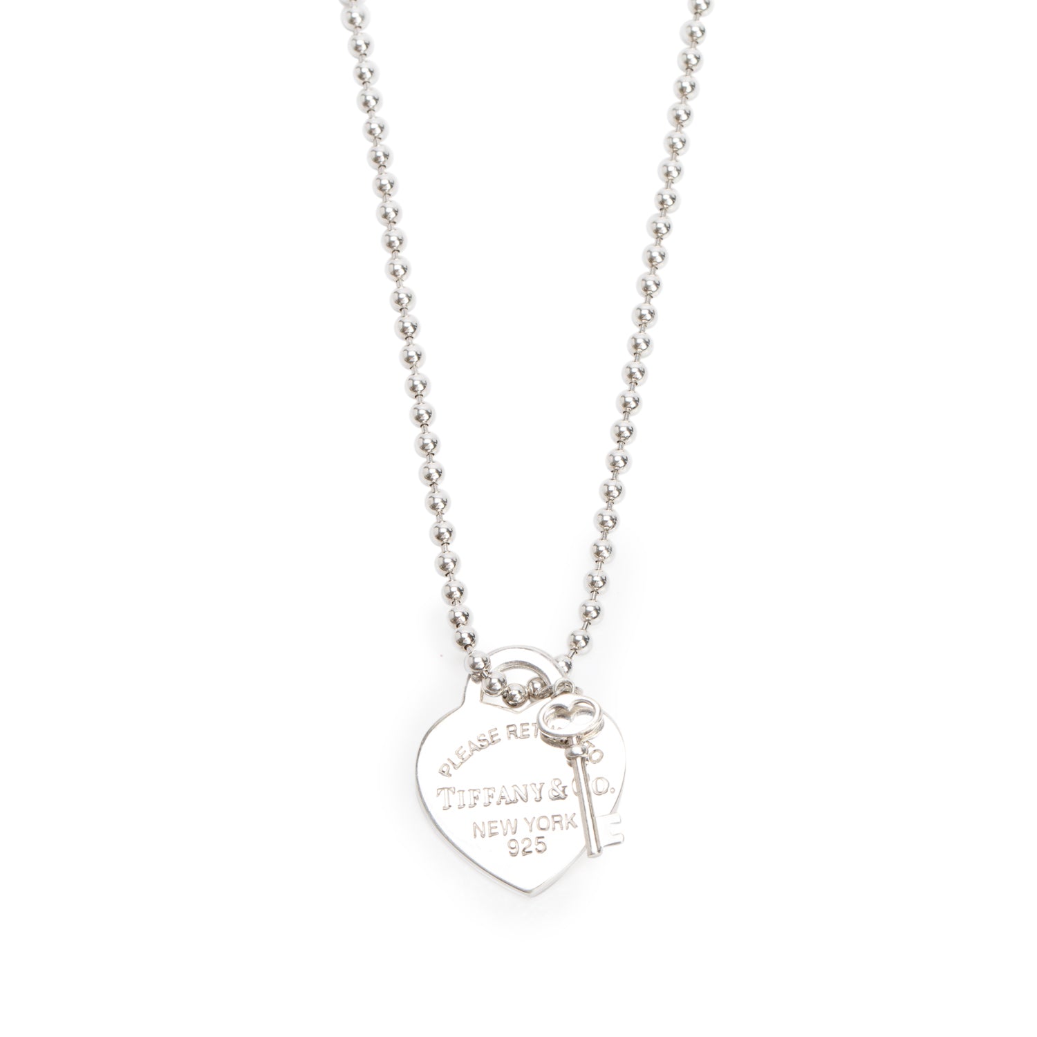 Tiffany & Co. Sterling Silver Heart Tag & Key Pendant Beaded Chain Necklace
