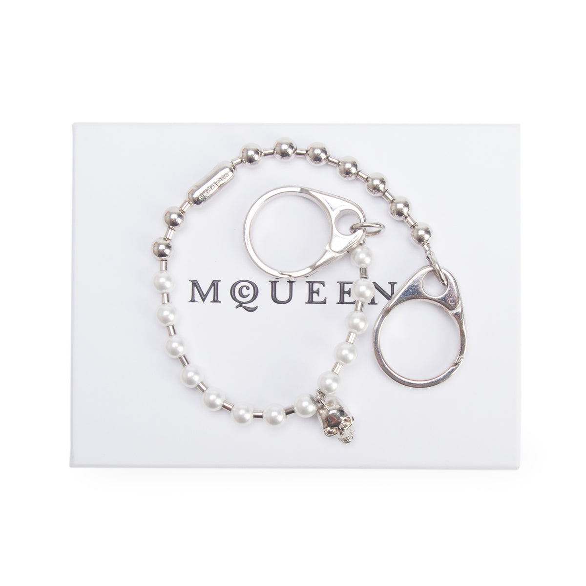 Alexander McQueen Palladium & Pearl Chain Charm w/ Box