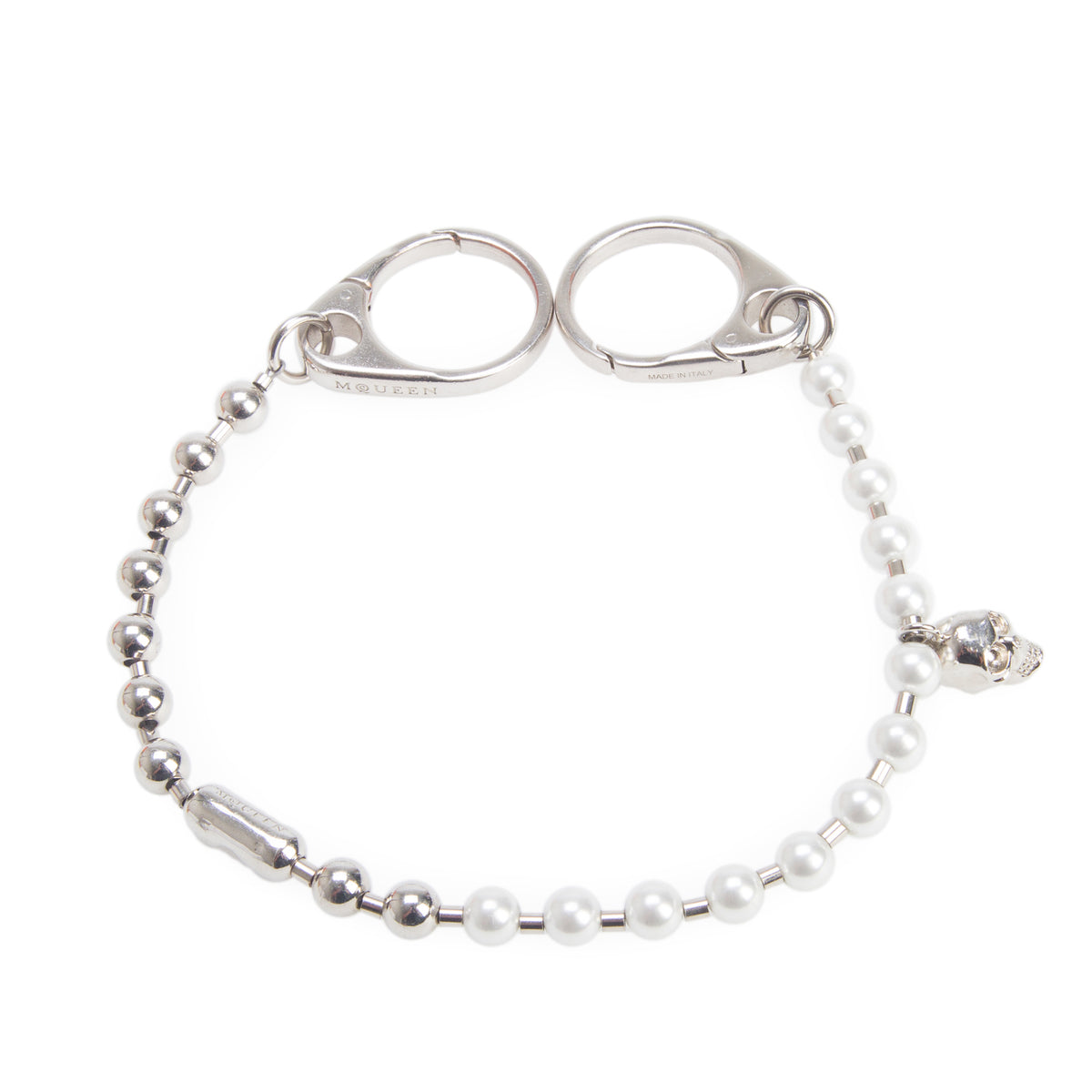 Alexander McQueen Palladium & Pearl Chain Charm w/ Box