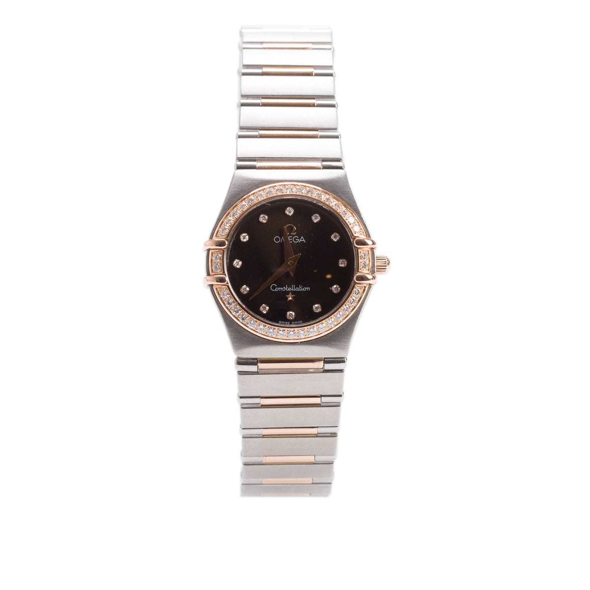 Omega Stainless Steel & 18k Rose Gold Diamond Bezel Constellation 25 MM Quartz Watch Black Diamond Dial