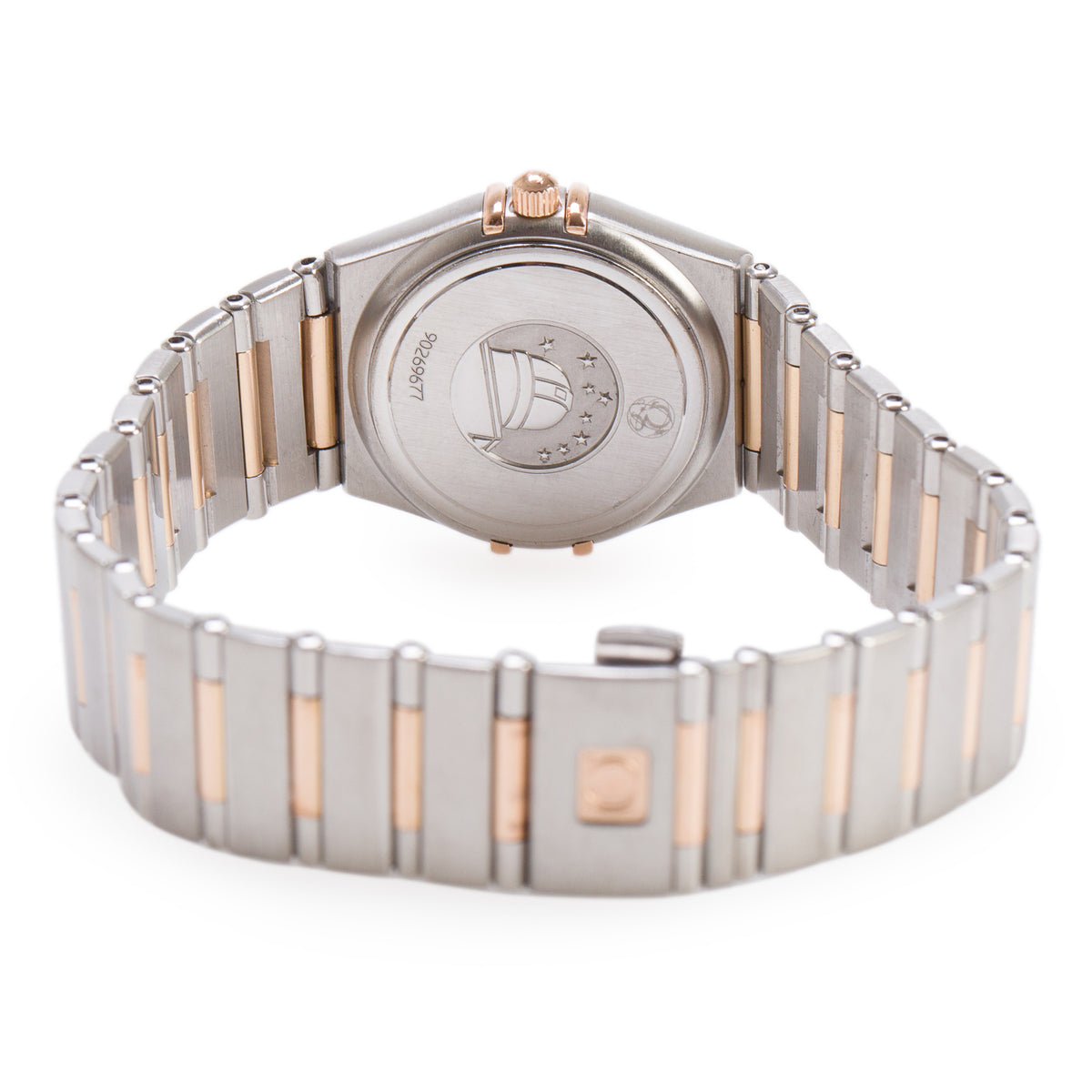 Omega Stainless Steel & 18k Rose Gold Diamond Bezel Constellation 25 MM Quartz Watch Black Diamond Dial