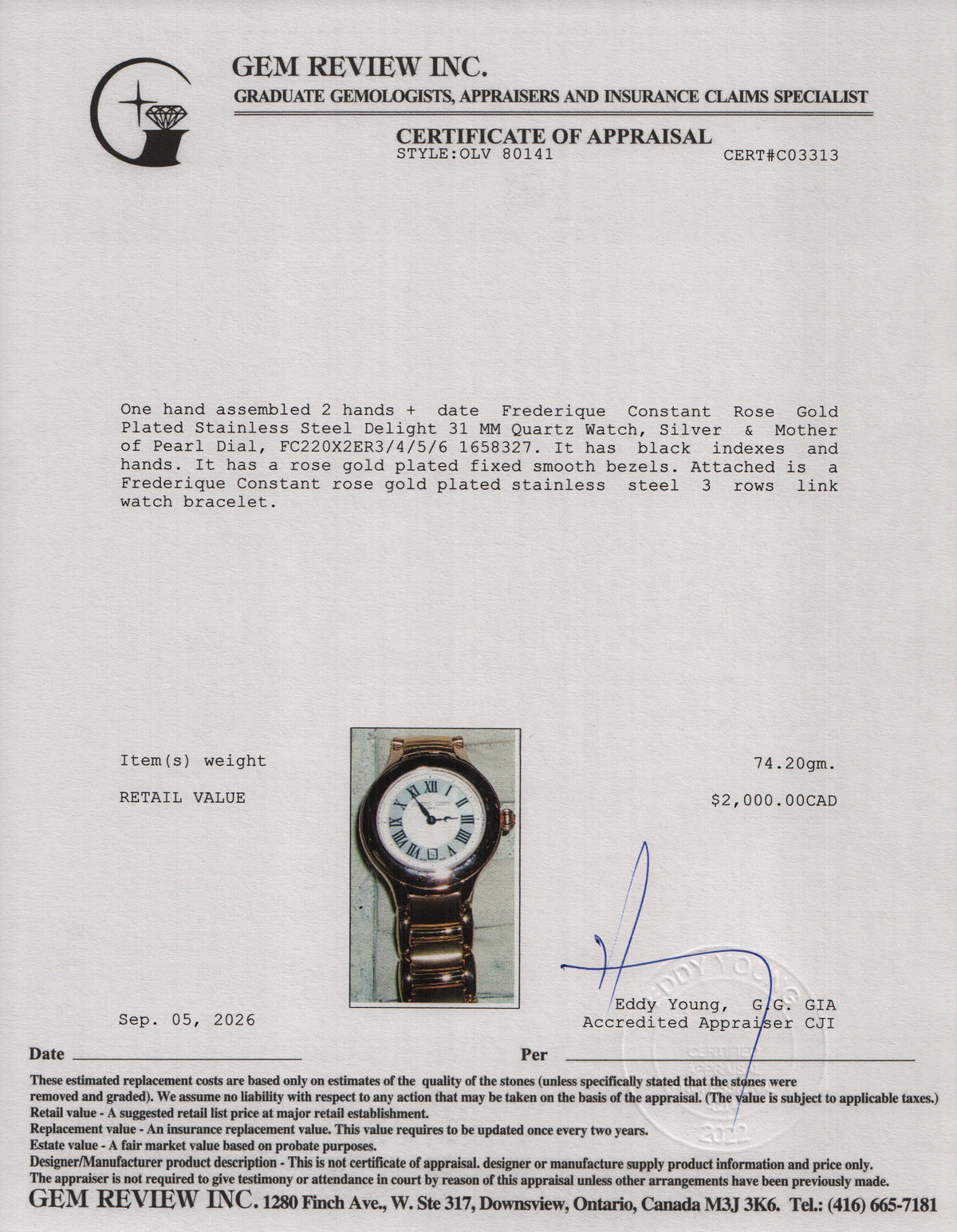 Frederique Constant Rose Gold Plated Stainless Steel Delight 31 MM Quartz Watch Silver & Mother of Pearl Dial