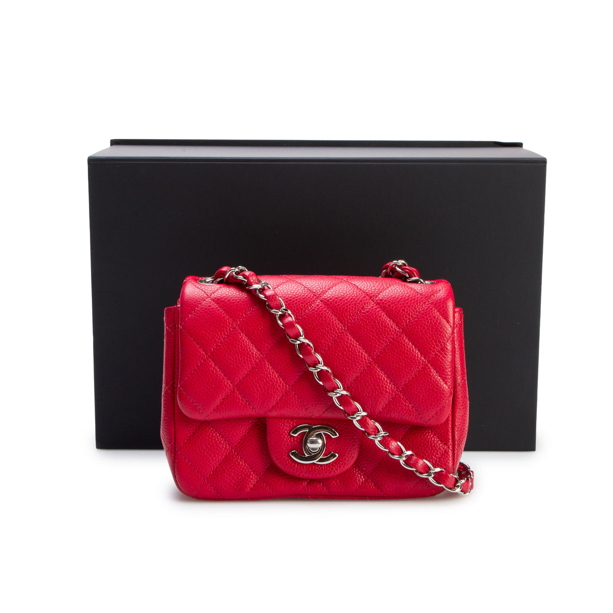Chanel Red Quilted Caviar Leather Classic Square Mini Flap Bag w/ Box & Authenticity Card