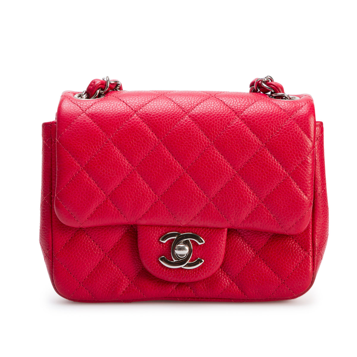 Chanel Red Quilted Caviar Leather Classic Square Mini Flap Bag w/ Box & Authenticity Card