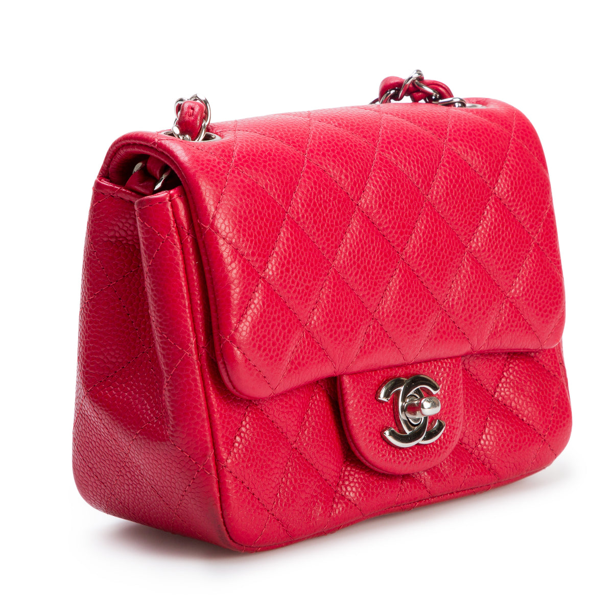 Chanel Red Quilted Caviar Leather Classic Square Mini Flap Bag w/ Box & Authenticity Card