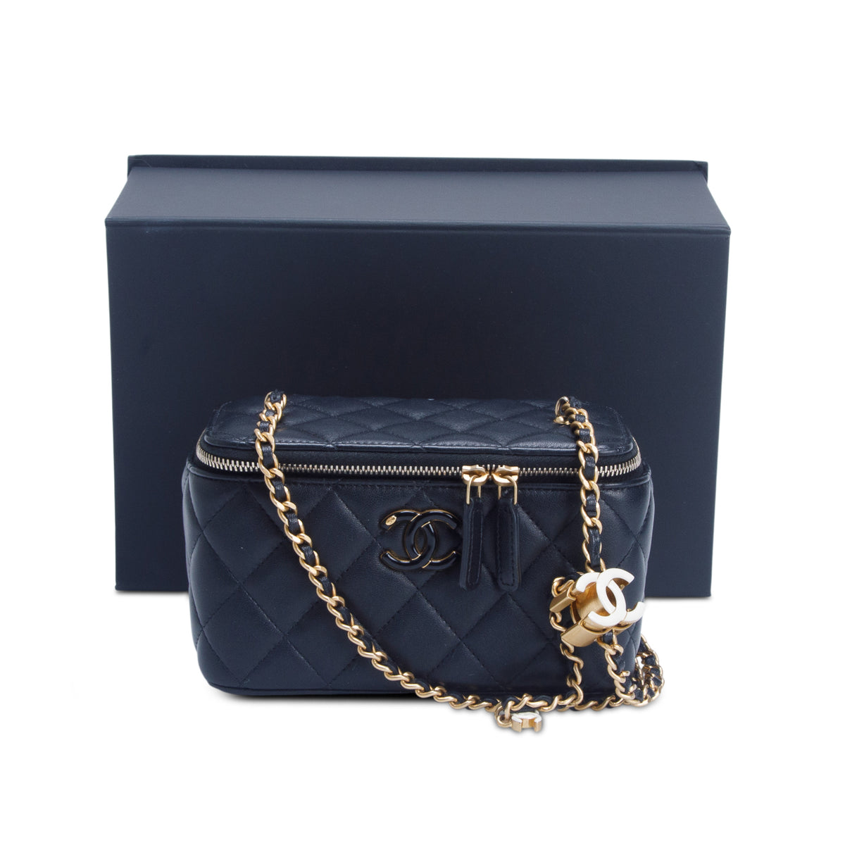 Chanel Black Lambskin Quilted Enamel Small Vanity Case w/ Box