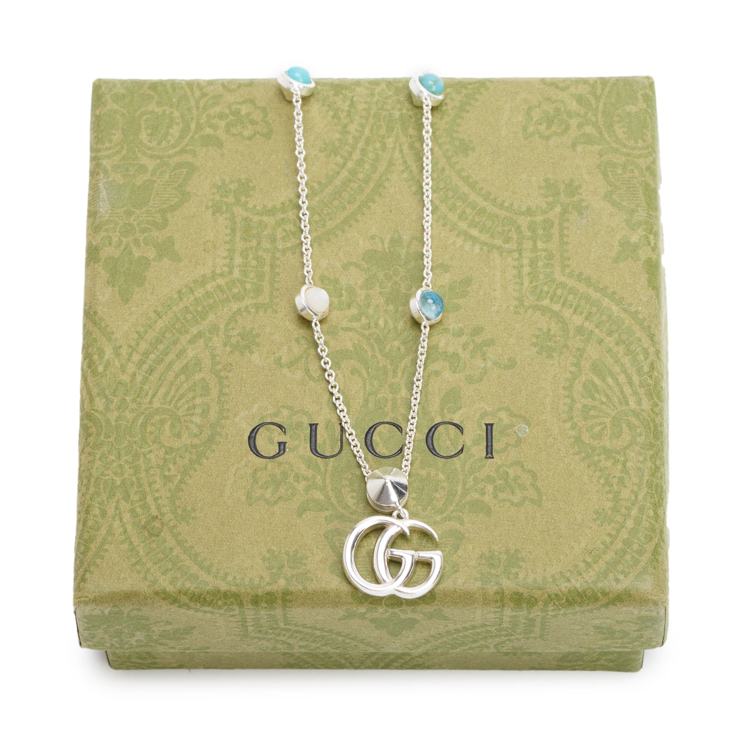 Gucci Sterling Silver Mother of Pearl, Blue Topaz & Turquoise Double G Station Necklace w/ Box