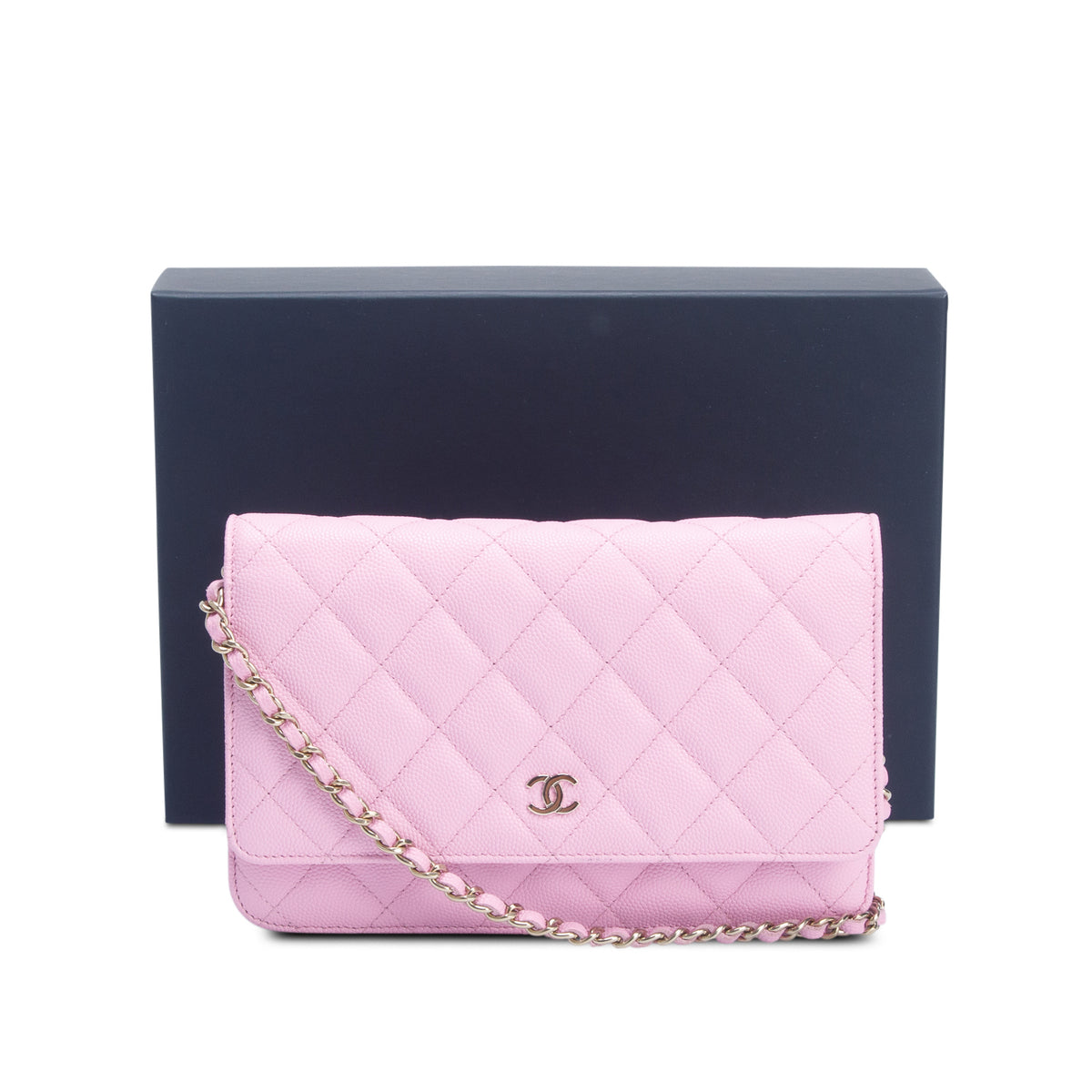 Chanel 2023 Pink Caviar Quilted Classic Wallet on Chain w/ Box