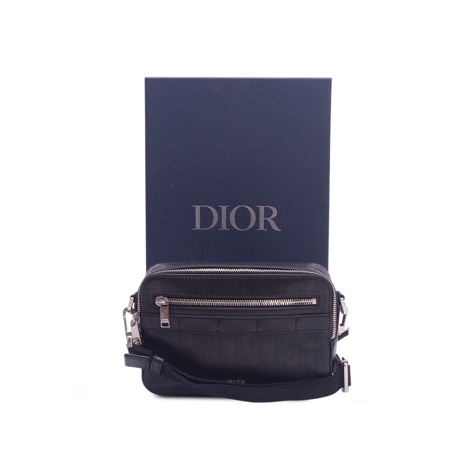 Christian Dior 2021 Black Calfskin Perforated Oblique Galaxy Safari Messenger Bag w/ Box & Strap