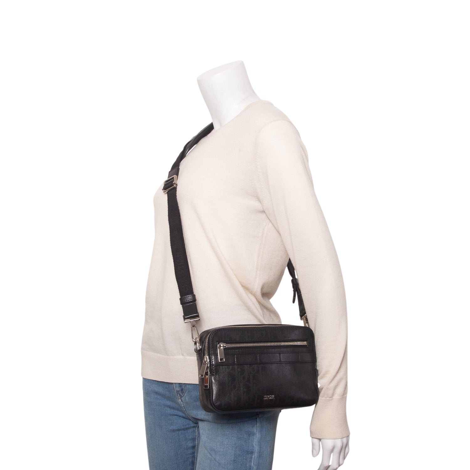 Christian Dior 2021 Black Calfskin Perforated Oblique Galaxy Safari Messenger Bag w/ Box & Strap