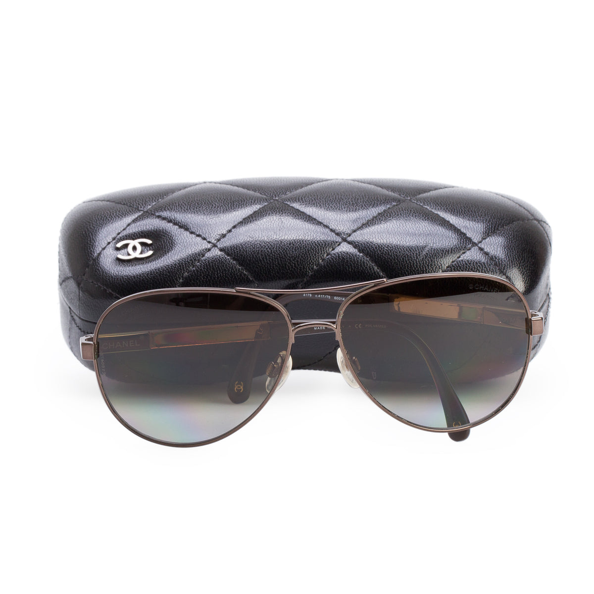 Chanel 4179 Gold Tone Metal Brown Acetate Logo Aviator Sunglasses w/ Case