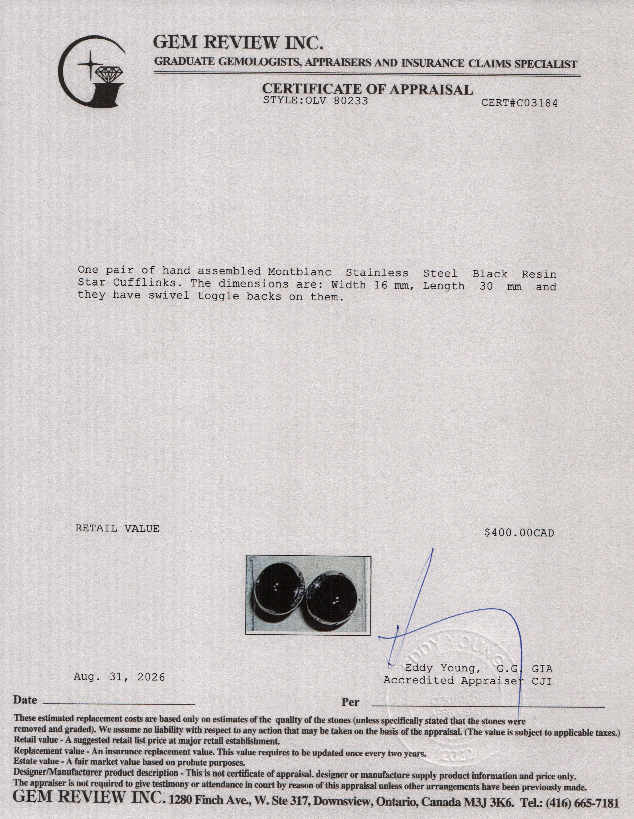 Montblanc Stainless Steel Black Resin Star Cufflinks w/ Box