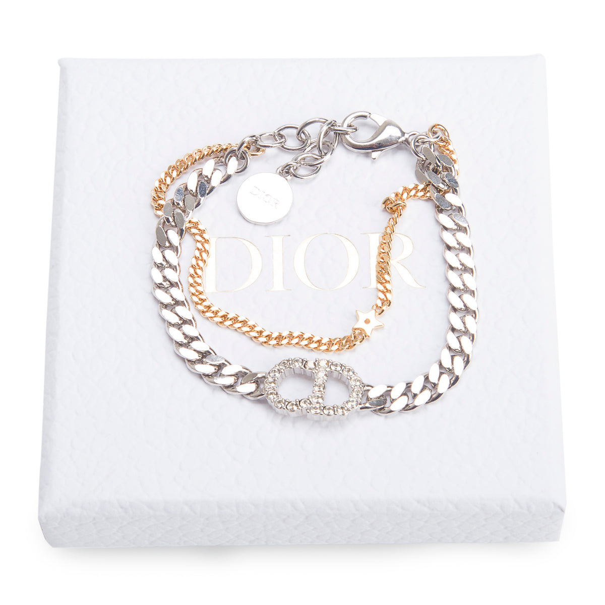 Christian Dior Gold & Silver-Tone Metal Crystal CD Double Chain Bracelet w/ Box