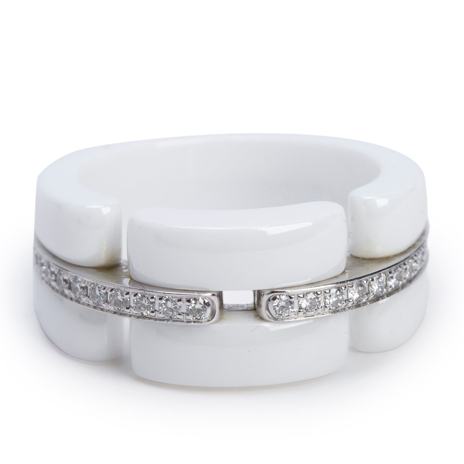 Chanel 18k White Gold & Diamond White Ceramic New Ultra Ring, Size 7.25 w/ Box