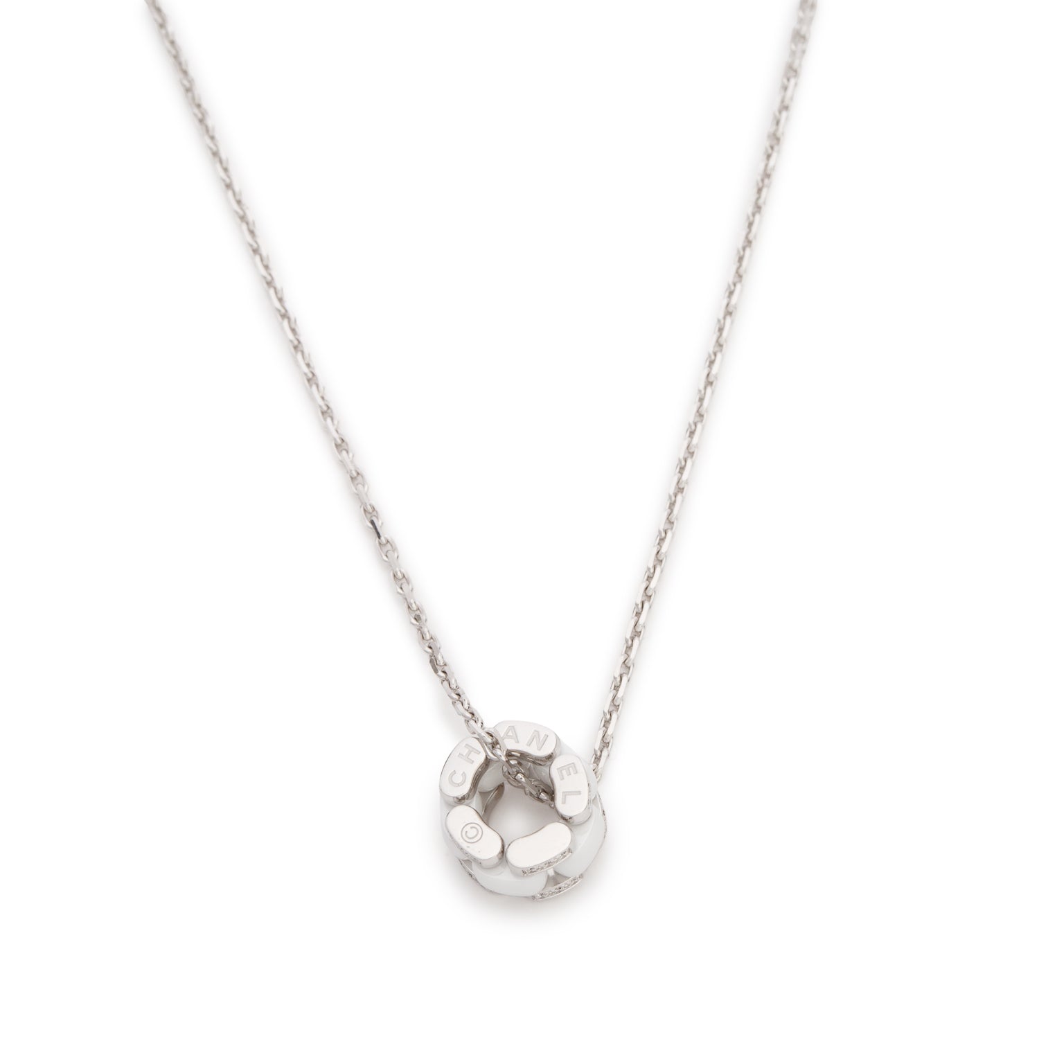 Chanel 18k White Gold & White Ceramic Diamond Ultra Pendant Necklace w/ Box