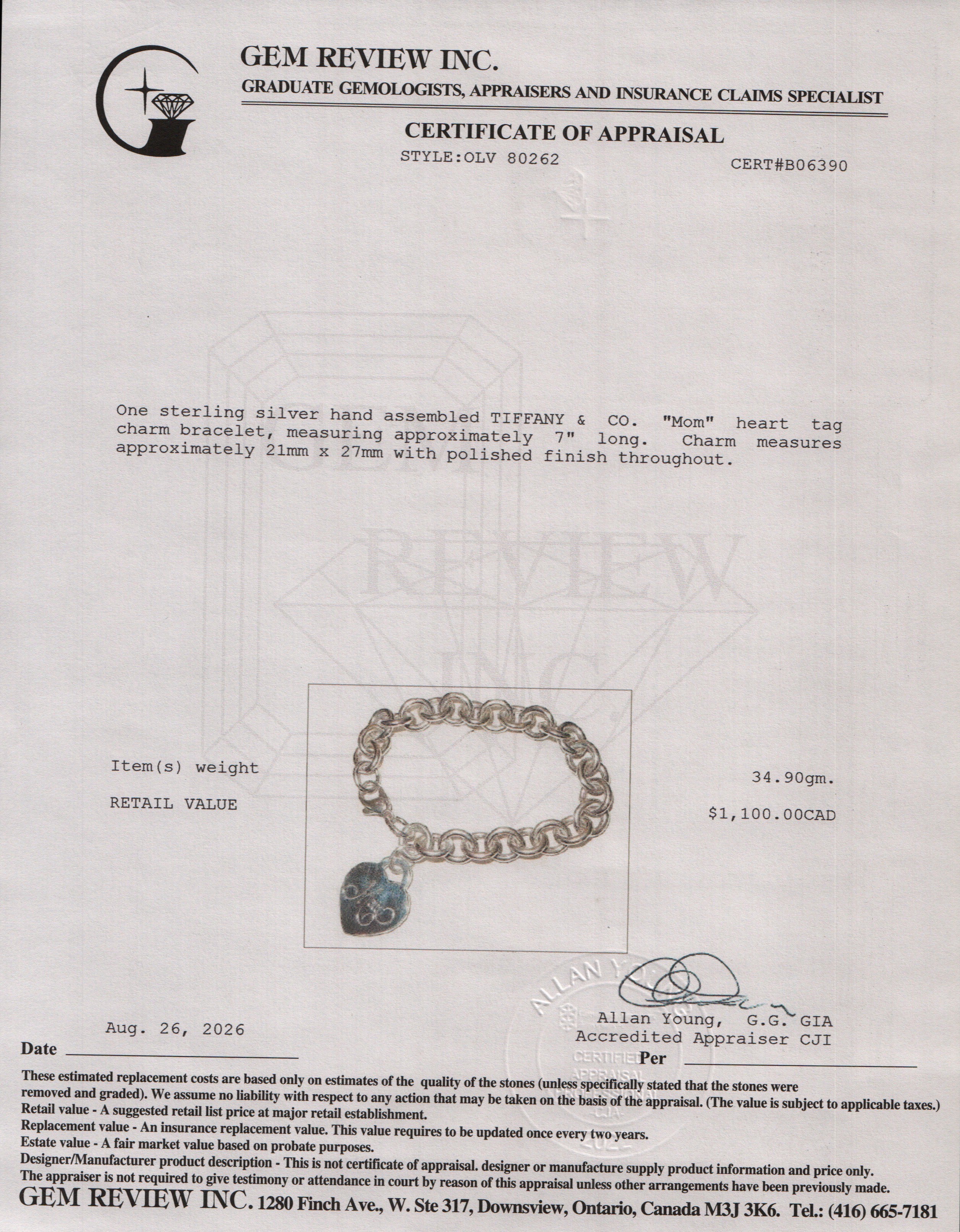 Tiffany & Co. Sterling Silver 'Mom' Heart Tag Charm Bracelet