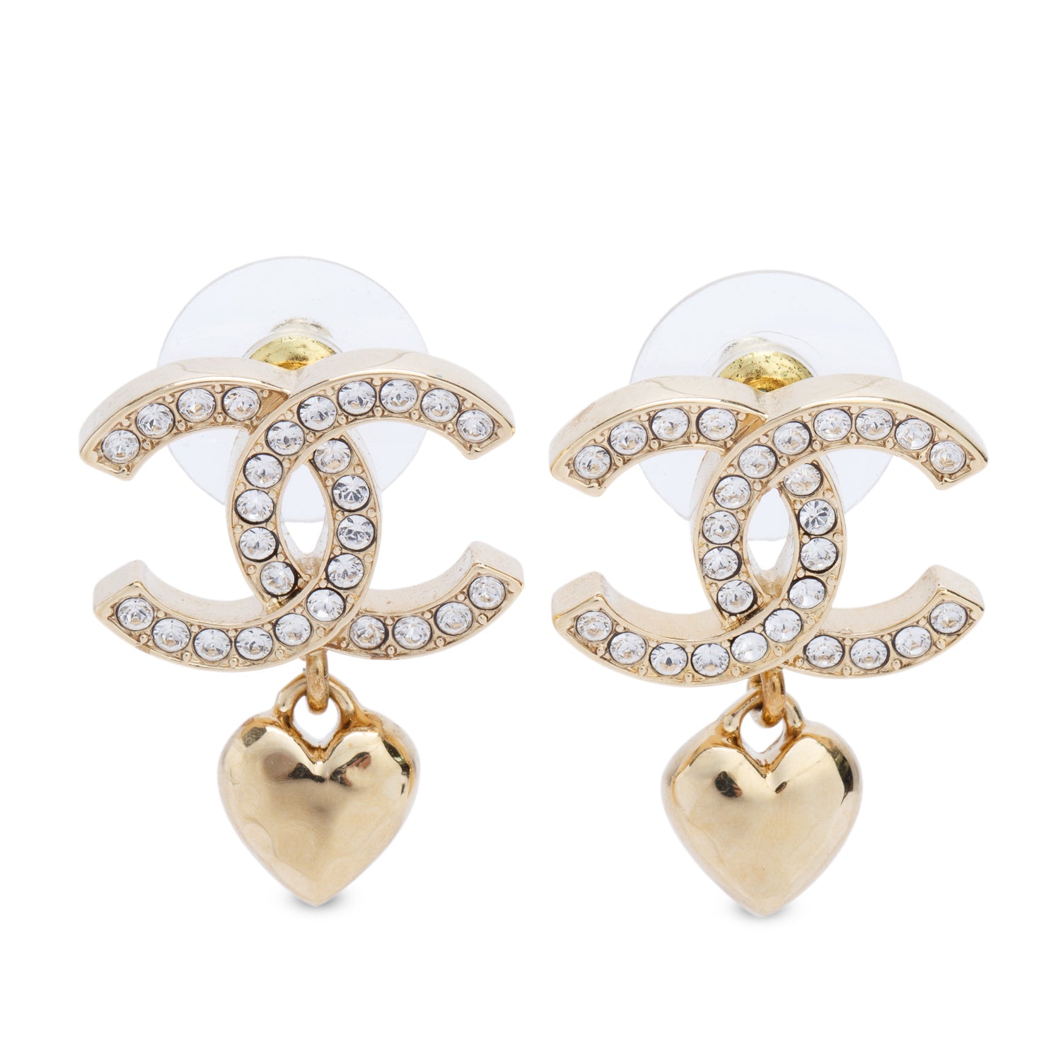Chanel 2023 Gold-Plated Strass CC Heart Drop Earrings w/ Box