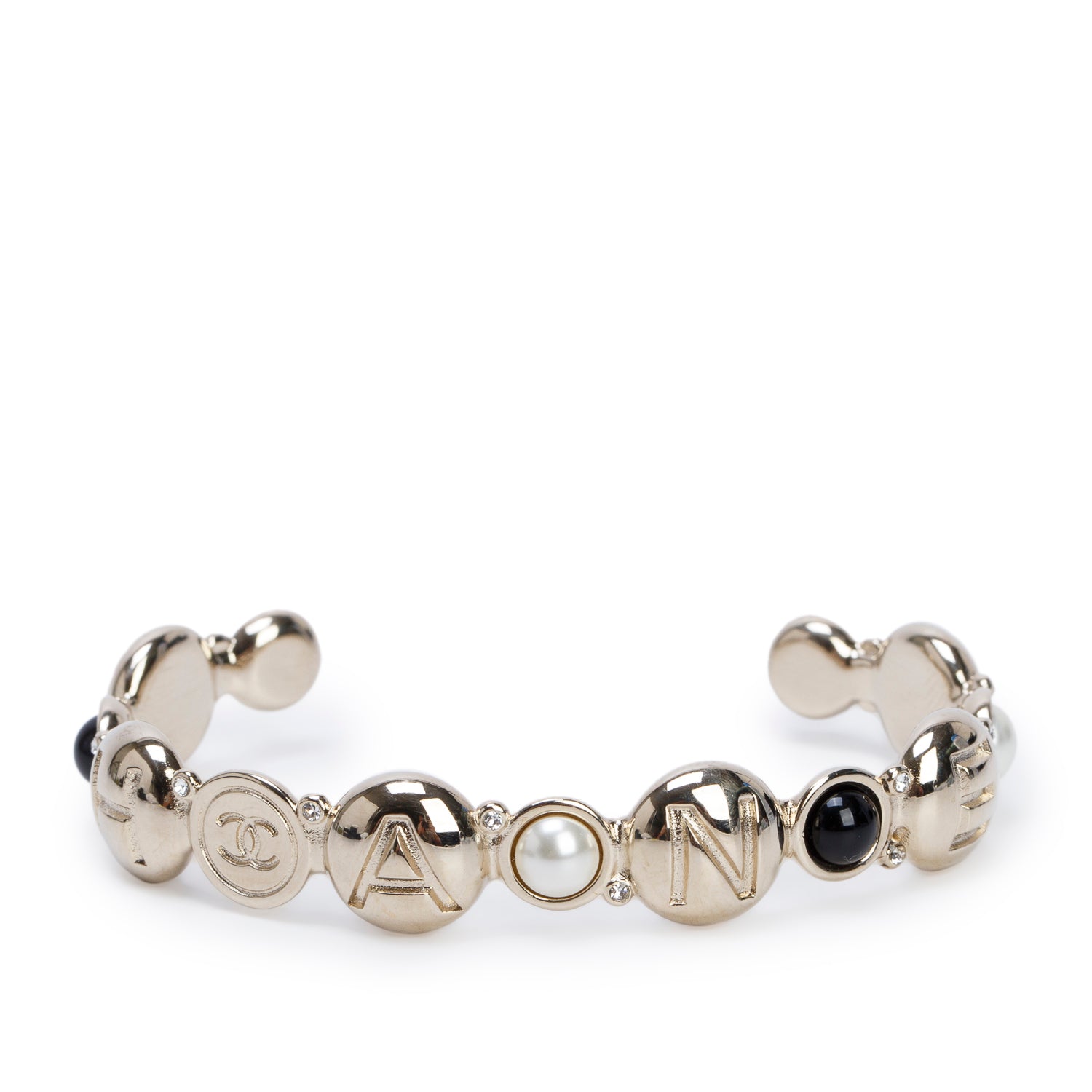 Chanel Gold-Plated Faux Pearl Black Resin Strass Logo Cuff Bracelet w/ Box