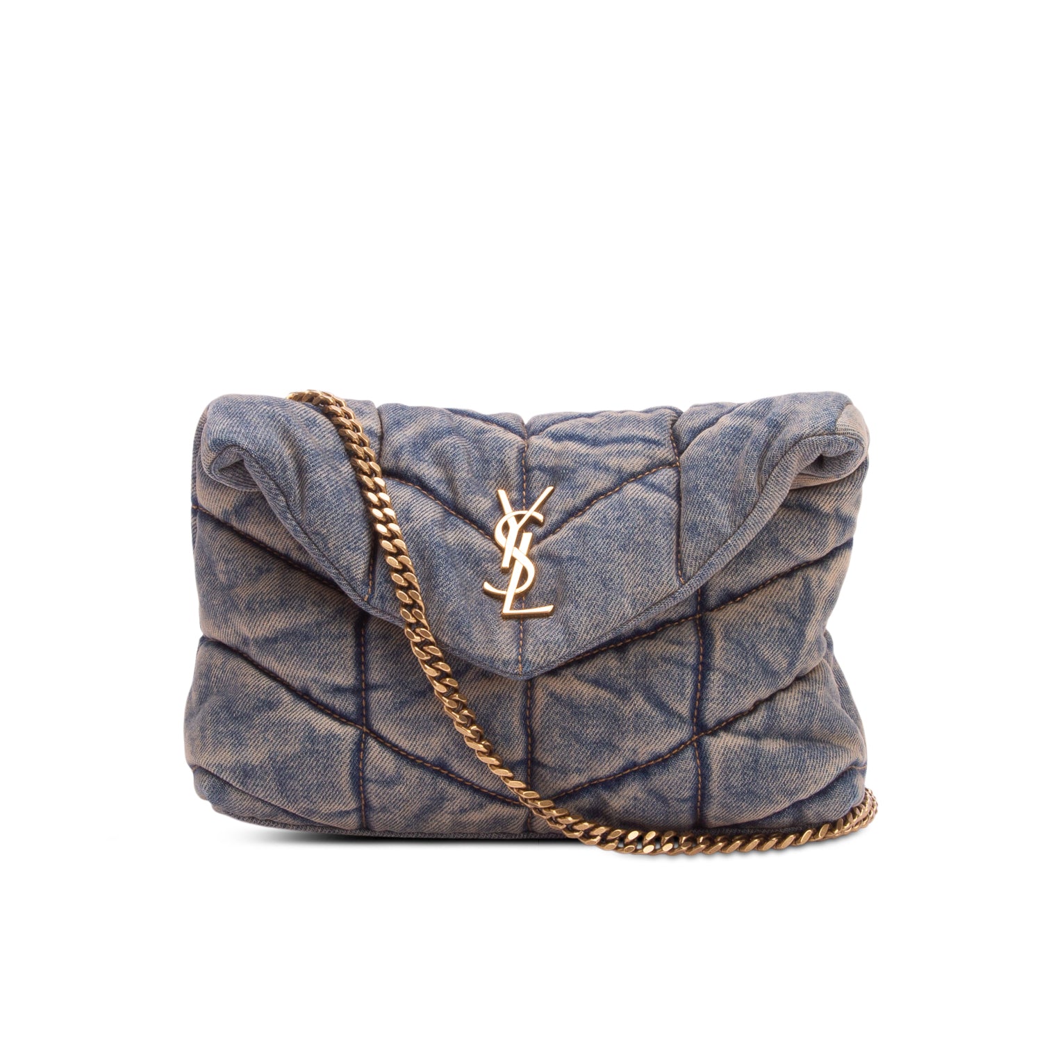 Saint Laurent 2022 Denim Quilted Toy Loulou Puffer Monogram Chain Satchel