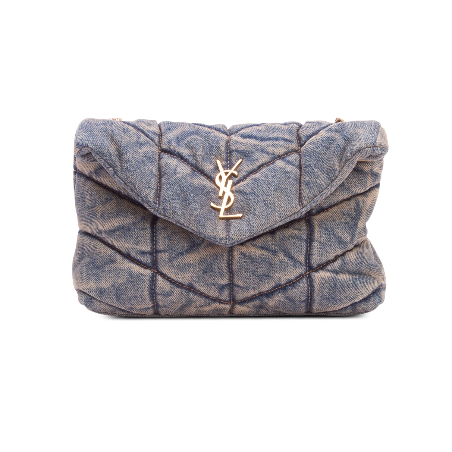 Saint Laurent 2022 Denim Quilted Toy Loulou Puffer Monogram Chain Satchel