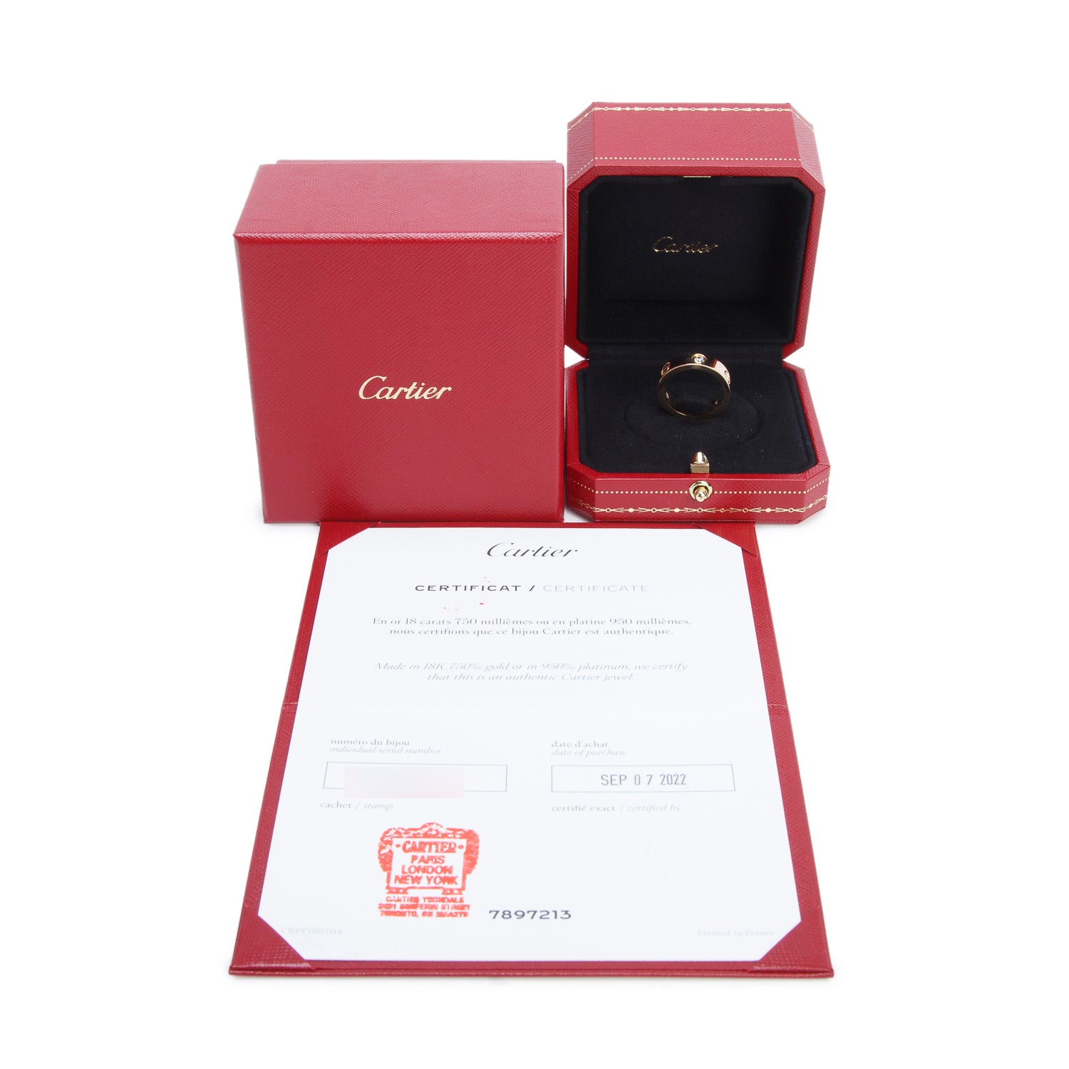 Cartier 18k Yellow Gold 3 Diamond 5.5 MM Love Ring, Size 54 6.75 w/ Box, Receipt & Certificate